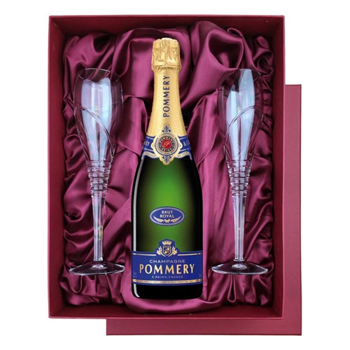 Pommery Brut Royal Champagne 75cl in Red Luxury Presentation Set With Flutes